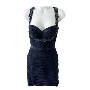 Y2K Beaded Embellished Navy Ruched Bandage Bodycon Cocktail Dress Sz 2